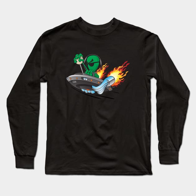 UFO Alien Hot Rod Cartoon Illustration Long Sleeve T-Shirt by hobrath